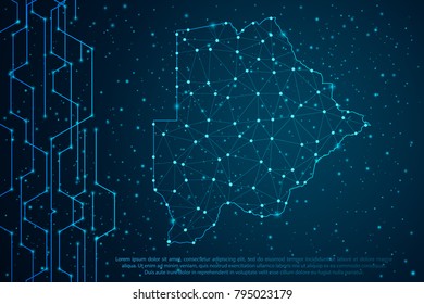 Abstract mash line and point scales on Circuit dark background with map of Botswana. Wire frame 3D mesh polygonal network line, design sphere, dot and structure. Vector illustration eps 10.