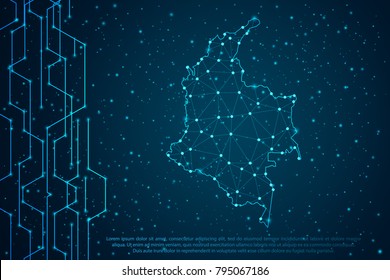 Abstract mash line and point scales on Circuit dark background with map of Colombia. Wire frame mesh polygonal network line, design sphere, dot and structure. Vector illustration eps 10.
