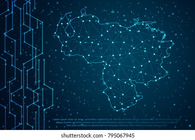 Abstract mash line and point scales on Circuit dark background with map of Venezuela. Wire frame mesh polygonal network line, design sphere, dot and structure. Vector illustration eps 10.