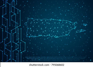 Abstract mash line and point scales on Circuit dark background with map of Puerto Rico. Wire frame mesh polygonal network line, design sphere, dot and structure. Vector illustration eps 10.