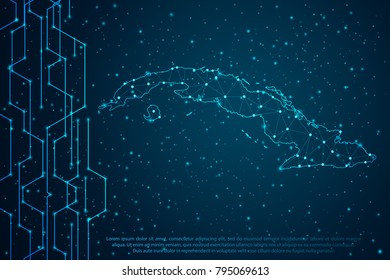 Abstract mash line and point scales on Circuit dark background with map of Cuba. Wire frame mesh polygonal network line, design sphere, dot and structure. Vector illustration eps 10.