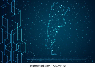Abstract mash line and point scales on Circuit dark background with map of Argentina. Wire frame mesh polygonal network line, design sphere, dot and structure. Vector illustration eps 10.