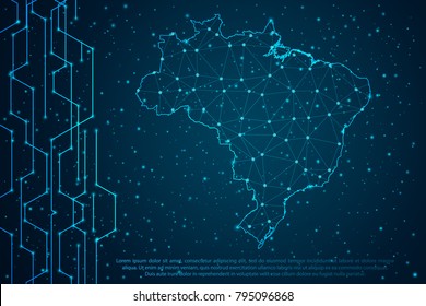 Abstract mash line and point scales on Circuit dark background with map of Brazil. Wire frame mesh polygonal network line, design sphere, dot and structure. Vector illustration eps 10.