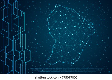 Abstract mash line and point scales on Circuit dark background with map of French Guiana. Wire frame mesh polygonal network line, design sphere, dot and structure. Vector illustration eps 10.