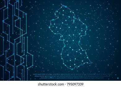 Abstract mash line and point scales on Circuit dark background with map of Guyana. Wire frame mesh polygonal network line, design sphere, dot and structure. Vector illustration eps 10.