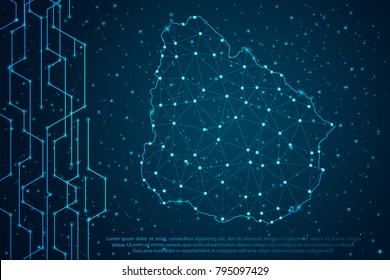 Abstract mash line and point scales on Circuit dark background with map of Uruguay. Wire frame mesh polygonal network line, design sphere, dot and structure. Vector illustration eps 10.
