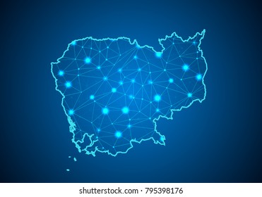 Abstract mash line and point scales on dark background with Map of cambodia. Wire frame 3D mesh polygonal network line, design sphere, dot and structure. communications map of cambodia. Vector.