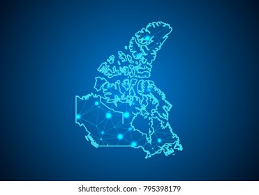 Abstract mash line and point scales on dark background with Map of canada. Wire frame 3D mesh polygonal network line, design sphere, dot and structure. communications map of canada. Vector.