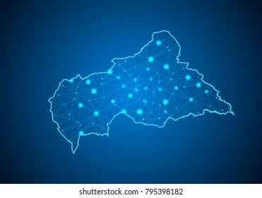 Abstract mash line and point scales on dark background with Map of central African Republic. Wire frame 3D mesh polygonal network line, design sphere, dot and structure. communications map .