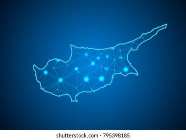 Abstrakte Mash-Linie und Punktwaage auf dunklem Hintergrund mit Karte von Zypern. Drahtrahmen 3D Mesh Polygonnetz Linie, Design-Kugel, Punkt und Struktur. Kommunikationskarte von Zypern. Vektorgrafik.