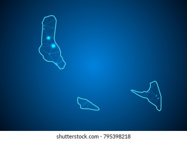 Abstract mash line and point scales on dark background with Map of comoros. Wire frame 3D mesh polygonal network line, design sphere, dot and structure. communications map of comoros. Vector.