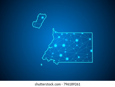 Abstract mash line and point scales on dark background with Map of Equatorial Guinea. Wire frame 3D mesh polygonal network line, design sphere, dot and structure. communications map.