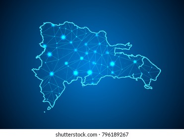 Abstract mash line and point scales on dark background with Map of dominican Republic. Wire frame 3D mesh polygonal network line, design sphere, dot and structure. communications map of dominican.