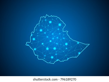 Abstract mash line and point scales on dark background with Map of ethiopia. Wire frame 3D mesh polygonal network line, design sphere, dot and structure. communications map of ethiopia. Vector.