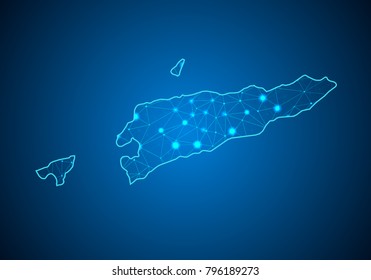 Abstract mash line and point scales on dark background with Map of East Timor. Wire frame 3D mesh polygonal network line, design sphere, dot and structure. communications map of East Timor. Vector.