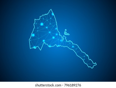 Abstract mash line and point scales on dark background with Map of Eritrea. Wire frame 3D mesh polygonal network line, design sphere, dot and structure. communications map of Eritrea. Vector.