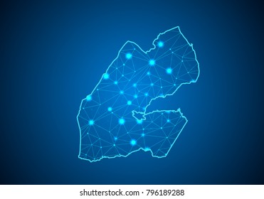 Abstract mash line and point scales on dark background with Map of djibout. Wire frame 3D mesh polygonal network line, design sphere, dot and structure. communications map of djibout. Vector.