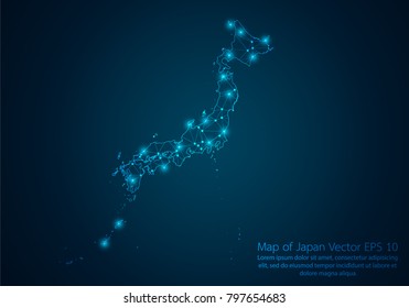 Abstract mash line and point scales on dark background with map of Japan.3D mesh polygonal network line, design sphere, dot and structure. Vector illustration eps 10.