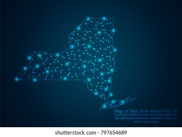 Abstract mash line and point scales on dark background with map of New York.3D mesh polygonal network line, design sphere, dot and structure. Vector illustration eps 10.