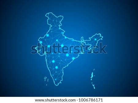Abstract mash line and point scales on dark background with Map of india. Wire frame 3D mesh polygonal network line, design sphere, dot and structure. communications map of india.Vector illustration