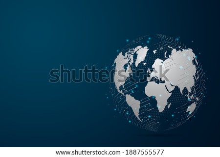 Abstract mash line and point scales on dark background with Map World representing the global . Wire frame 3D mesh polygonal network line, design sphere, dot and structure. Vector illustration eps 10.