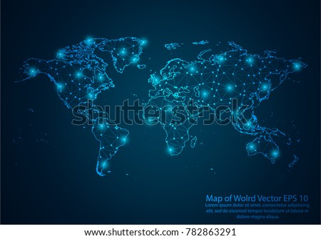 Abstract mash line and point scales on dark background with map of world. 3D mesh polygonal network line, design sphere, dot and structure. Vector illustration eps 10.