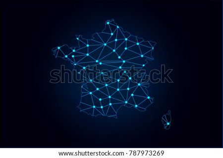 Abstract mash line and point scales on dark background with map of France. Wire frame 3D mesh polygonal network line, design sphere, dot and structure. Vector illustration eps 10.