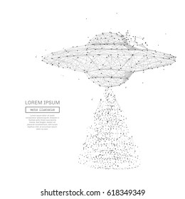 Abstract mash line and point ufo spaceship on white background with an inscription. Starry sky or space, consisting of stars and the universe. Vector business illustration