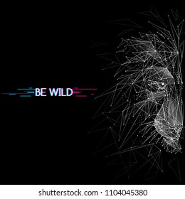 Abstract mash line and point. Vector image of lion origami on black background with an inscription. Lion's head Low poly wire frame illustration with distruction effect. Wild animal illustration.