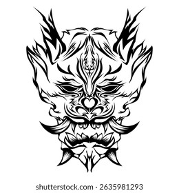 Máscara abstrata com desenho tribal preto ornamentado é centrado em um fundo transparente, evocando uma atmosfera ousada e artística adequada para design gráfico ou conceitos de tatuagem.