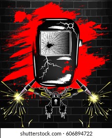 Abstract mask of a welder with gas burners. Grunge style. Art picture. Vector illustration