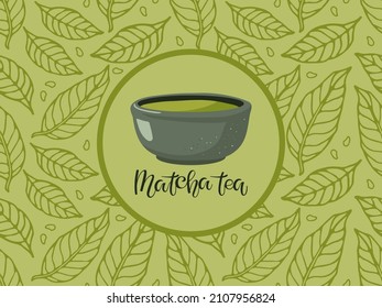 Resumen de fondo de té verde matcha con tazón de bebida e inscripción caligráfica manuscrita. Ceremonia japonesa del té. Fondo de bebida para bar, menú del restaurante, decoración de fiesta, plantilla de bebidas