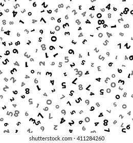 Abstract math number background. Vector illustration for business design. Black white colors. Random sign flying border frame. School sheet. Numeral count concept. Algebra decoration. Seamless pattern