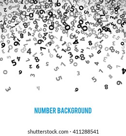 Abstract math number background. Vector illustration for business design. Black white colors. Random sign flying border frame. School sheet. Numeral count concept. Algebra decoration. Report cover