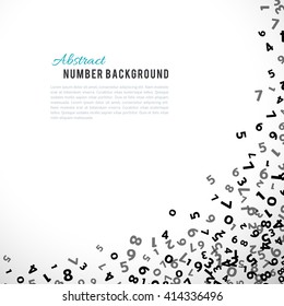 Abstract math number background. Vector illustration for business design. Black white colors. Random sign flying border frame. School sheet. Numeral count concept. Algebra decoration. Report cover