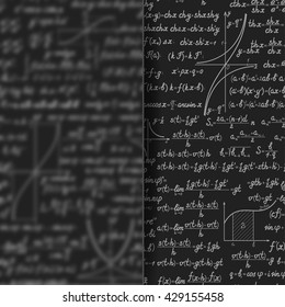 Abstract math vector background behind matt glass banner. Scientific backdrop with formulas, figures with copy space on silky glass board over