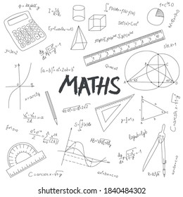 Abstract mathematical background. Formulas and measuring instruments drawn in doodle style on a white background.