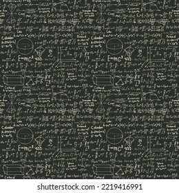 Abstract mathematical seamless pattern with geometrical figures, handwritten formulas, various equations and plots. Monochrome vector repeating math background. Drawing chalk on the school blackboard