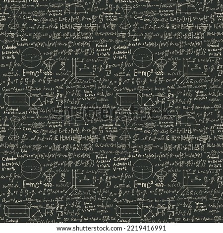 Abstract mathematical seamless pattern with geometrical figures, handwritten formulas, various equations and plots. Monochrome vector repeating math background. Drawing chalk on the school blackboard