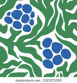 Abstract Matisse Aesthetic Berry Seamless Pattern. Doodle Curves Leaves and Berries in Naive Hippie 1970 style. Groovy Floral Vector Art in Green and Blue Colors for T-Shirts, Wallpaper, Case Phone.