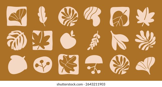 Abstract Matisse Autumn Leaves Set. Modern Autumn Leaves Background in Contemporary Minimal Style. Trendy Groovy Vector Illustration in Beige and Black Colors for T-Shirts, Wallpaper, Case Phone