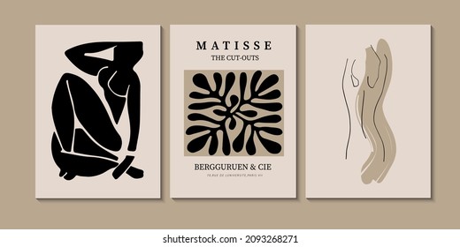 Abstract Matisse body line art. Boho posters black beige. Creative artistic posters. Female body, texture. Matisse style. Design for wallpaper, wall decor, print, cardbackground, social media, cover. 