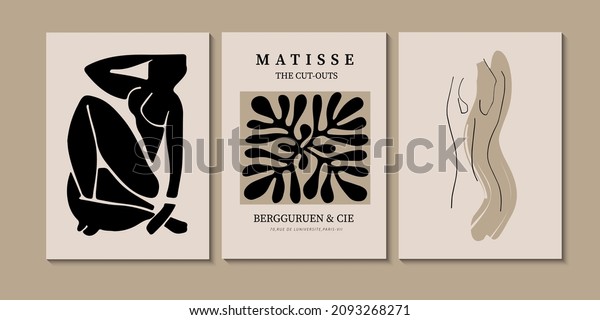 Abstract Matisse body line art. Boho posters black\
beige. Creative artistic posters. Female body, texture. Matisse\
style. Design for wallpaper, wall decor, print, cardbackground,\
social media, cover. 
