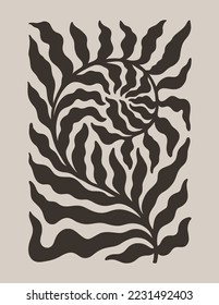 Abstract Matisse Floral Poster. Modern Botanical Print in Contemporary Minimal Style. Trendy Groovy Vector Illustration in Beige and Black Colors on T-Shirts, Case Phone, Book Cover, Flyer, Cards