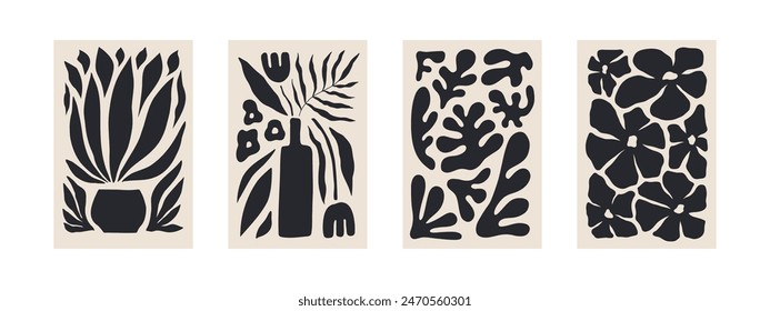 Abstractas conjunto de póster floral Matisse. Fondo botánico moderno en estilo minimalista contemporáneo. Ilustración vectorial Groovy de moda en beige y negro Colores para camisetas, Fondo de pantalla, caja Teléfonos