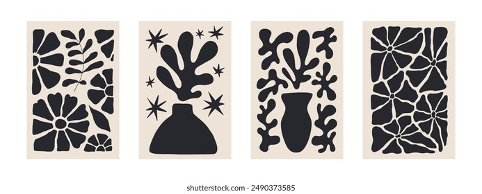 Abstractas conjunto de póster floral Matisse. Fondo botánico moderno en estilo minimalista contemporáneo. Ilustración vectorial Groovy de moda en beige y negro Colores para camisetas, Fondo de pantalla, caja Teléfonos