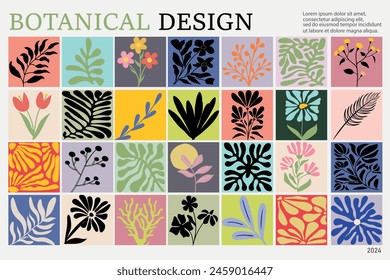 Abstract Matisse floral posters. Modern botanical background in contemporary minimal style. Organic doodle shapes in trendy naive hippie 60s 70s style. Contemporary poster print banner template.
