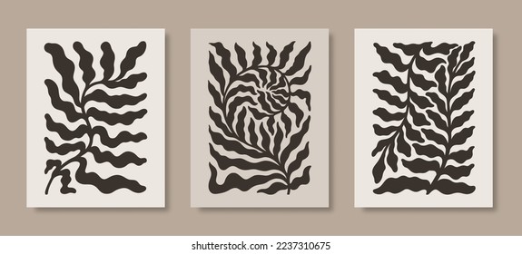 Abstract Matisse Floral Posters Set. Modern Botanical Print in Contemporary Minimal Style. Trendy Groovy Vector Illustration in Beige and Black Colors on T-Shirts, Case Phone, Book Cover, Flyer, Cards