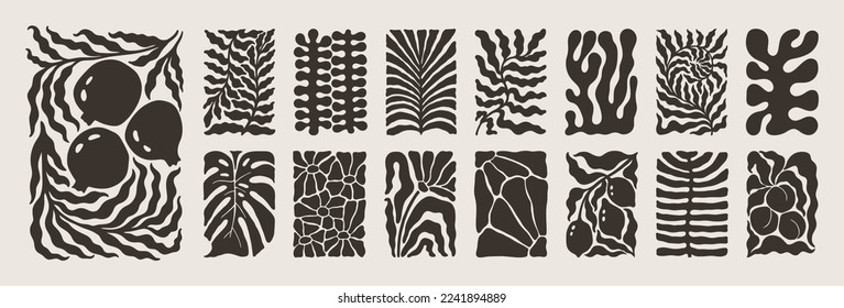 Abstract Matisse Floral Posters Set. Modern Botanical Background in Contemporary Minimal Style. Trendy Groovy Vector Illustration in Beige and Black Colors for T-Shirts, Wallpaper, Case Phone