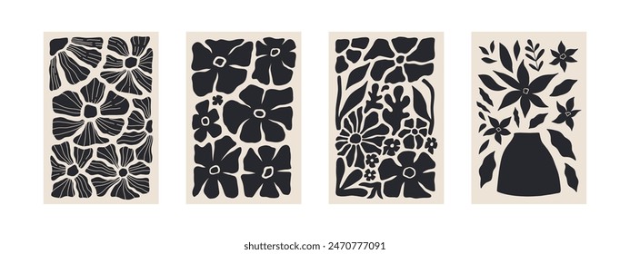 Abstractas conjunto de pósters florales Matisse. Fondo botánico moderno en estilo minimalista contemporáneo. Ilustración vectorial Groovy de moda en beige y negro Colores para camisetas, Fondo de pantalla, caja Teléfonos